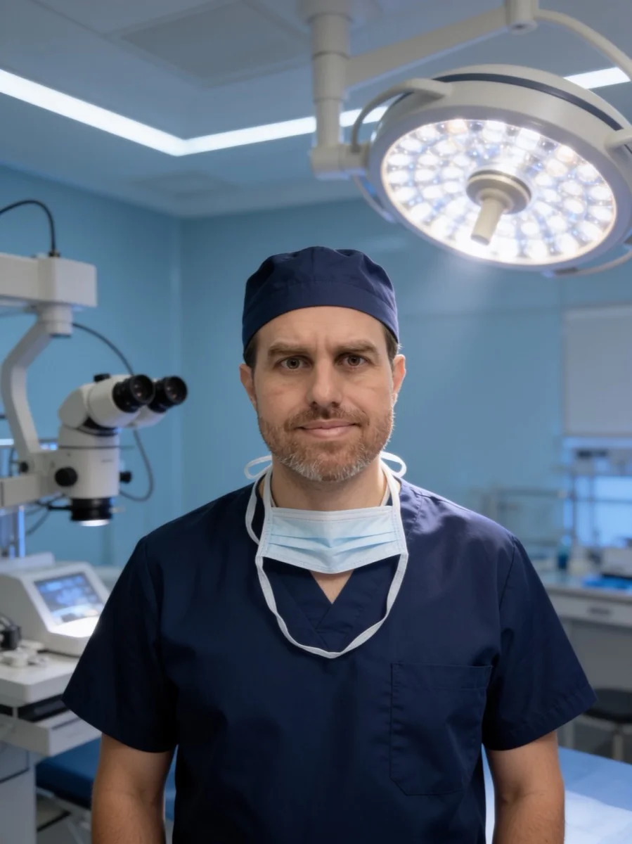 Dr. Raphael Marques em centro cirúrgico, ao lado do microscópio oftálmico