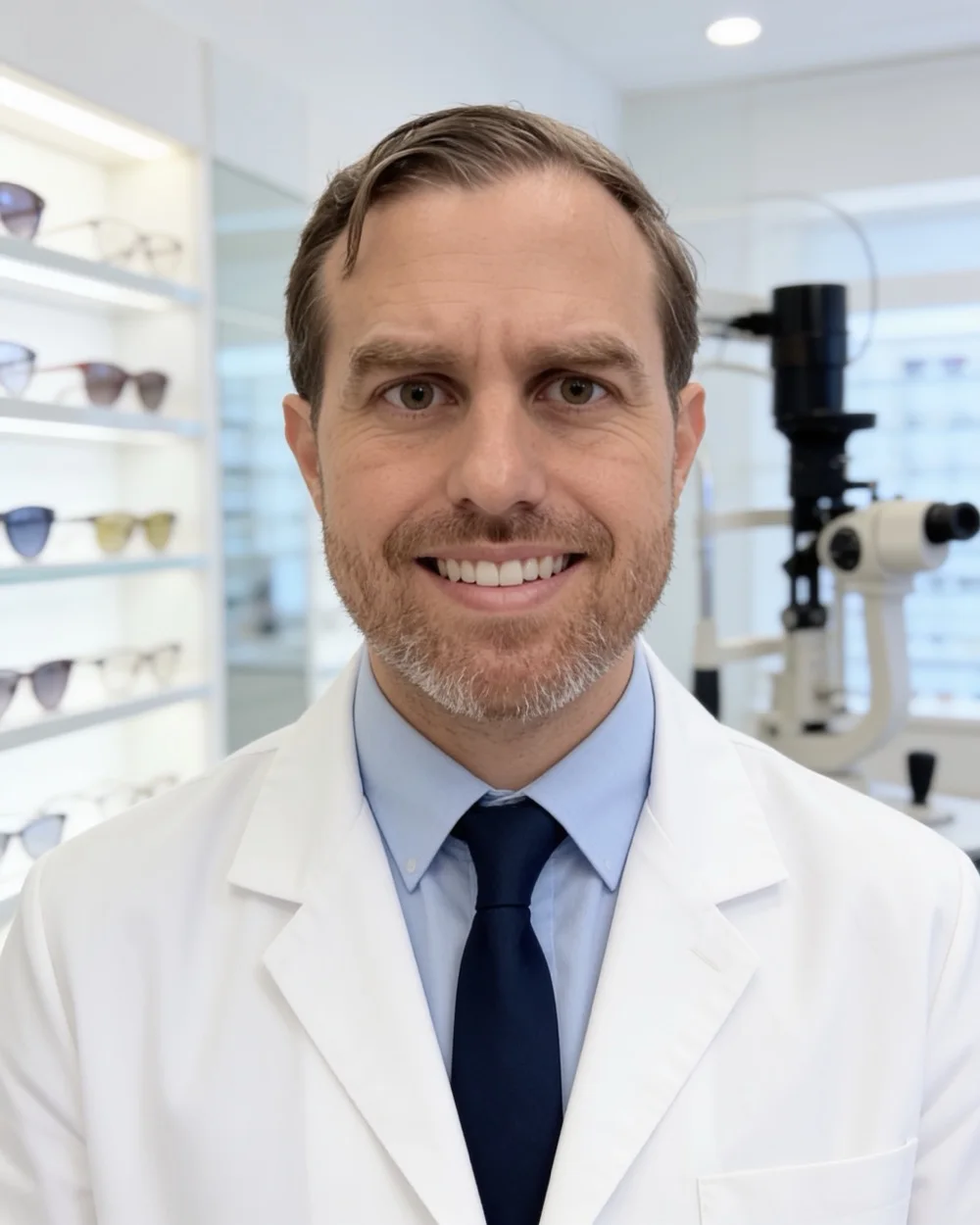 Dr. Raphael Marques, oftalmologista, ao lado de uma lâmpada de fenda em consultório