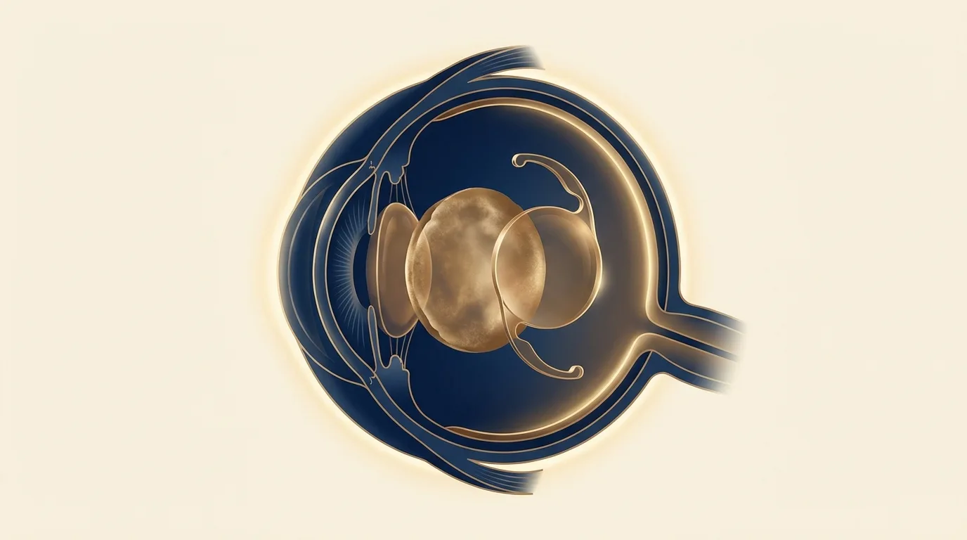 Ilustração em corte do olho humano mostrando o cristalino opacificado sendo substituído por uma lente intraocular com hápticas