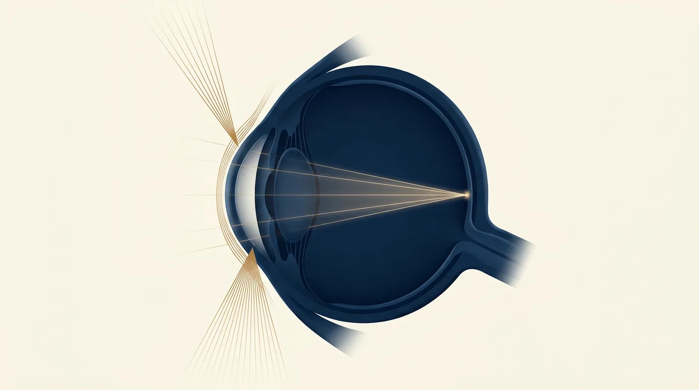 Ilustração em corte do olho humano mostrando feixes de laser remodelando a córnea e a luz focalizando com precisão na retina