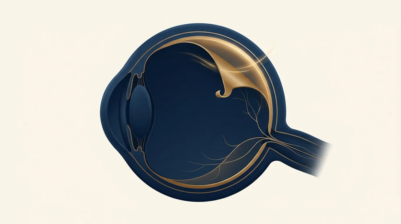 Ilustração em corte do olho humano destacando a retina no fundo do olho, com uma porção descolada da parede interna