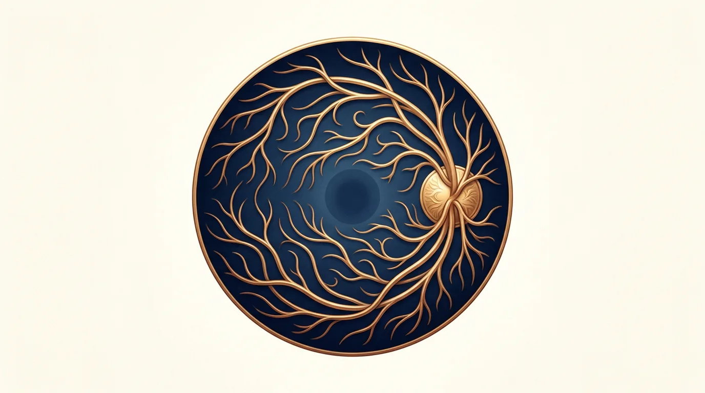 Ilustração do fundo do olho como visto no exame de mapeamento de retina, com a mácula ao centro e os vasos sanguíneos partindo do nervo óptico
